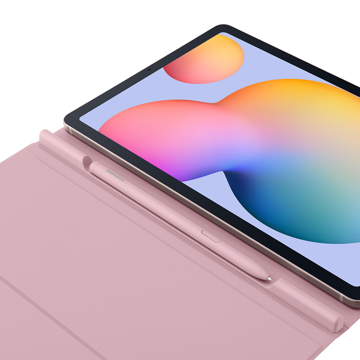 Tableta con funda rosa y lápiz óptico, sobre fondo blanco.