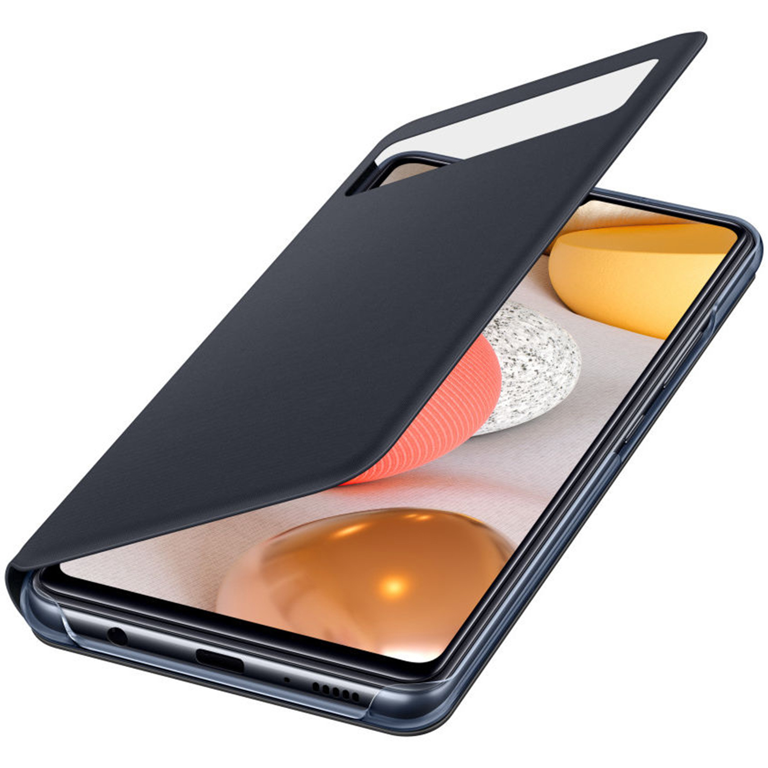 Schwarze Handyhülle mit offenem Deckel. Im Inneren zeigt ein Telefon einen Bildschirm mit orangefarbenen und weißen Objekten.