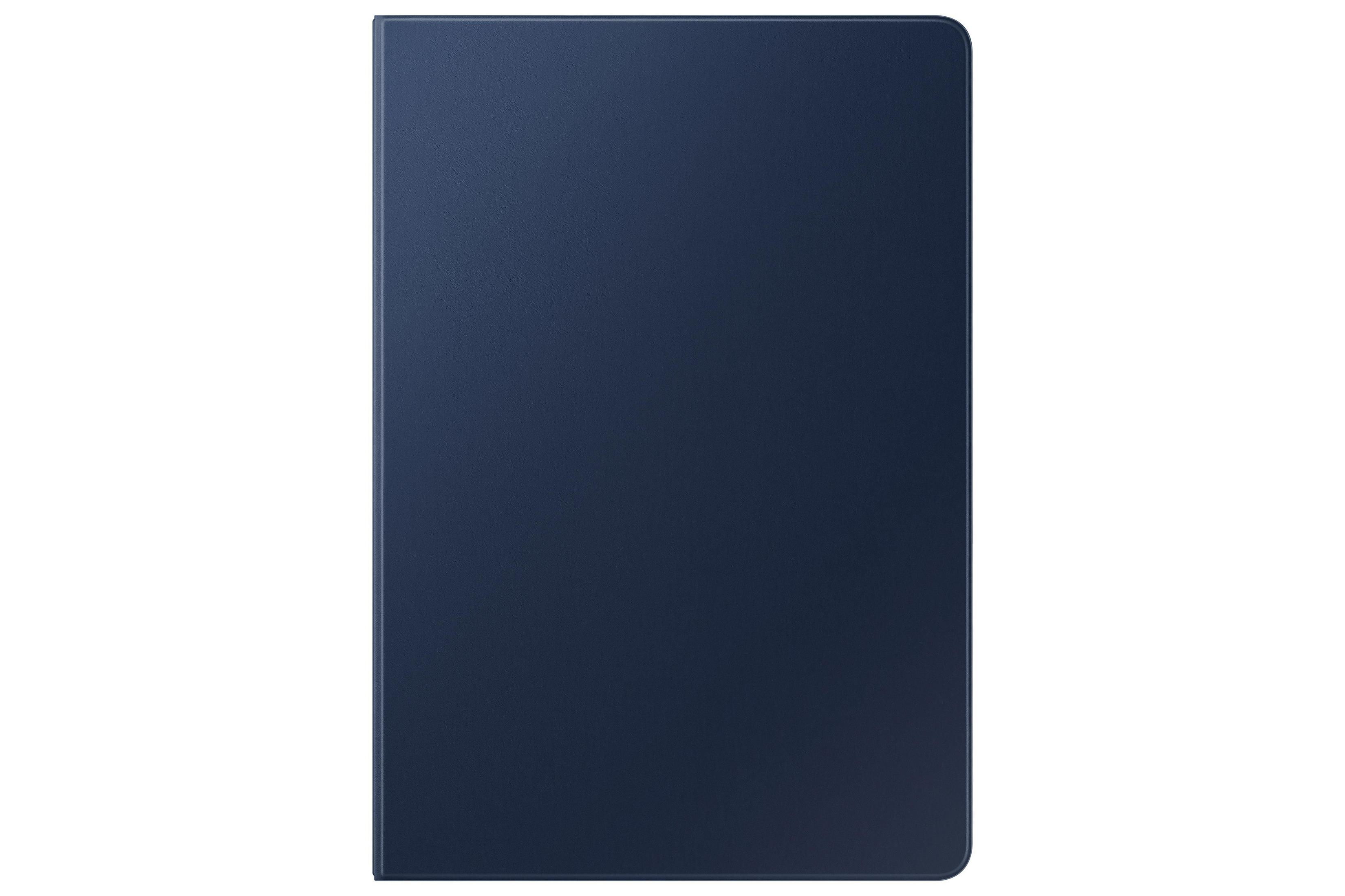 Eine geschlossene, dunkelblaue Tablet-Hülle auf weißem Hintergrund, glatte Oberfläche.