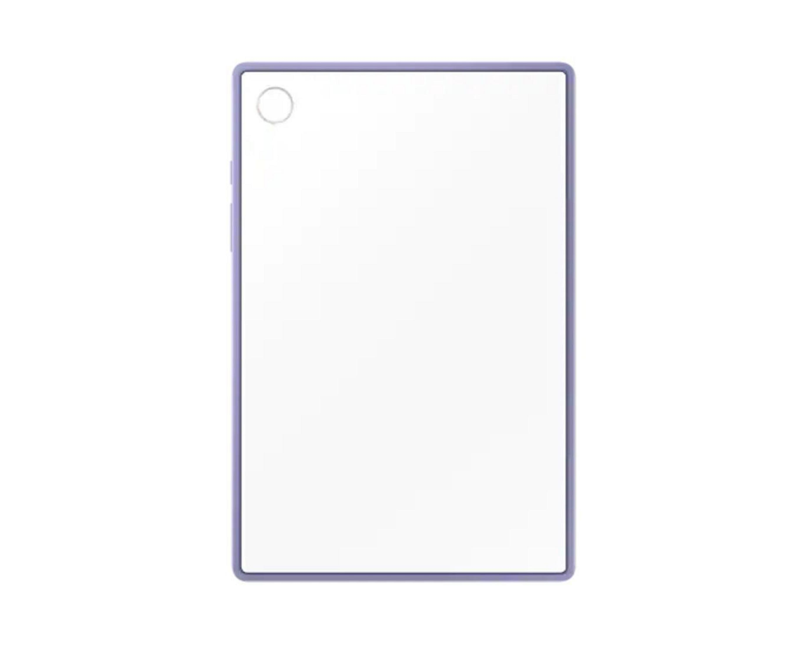 Una tableta con pantalla blanca, rodeada por un marco morado, con cámara en la parte superior.