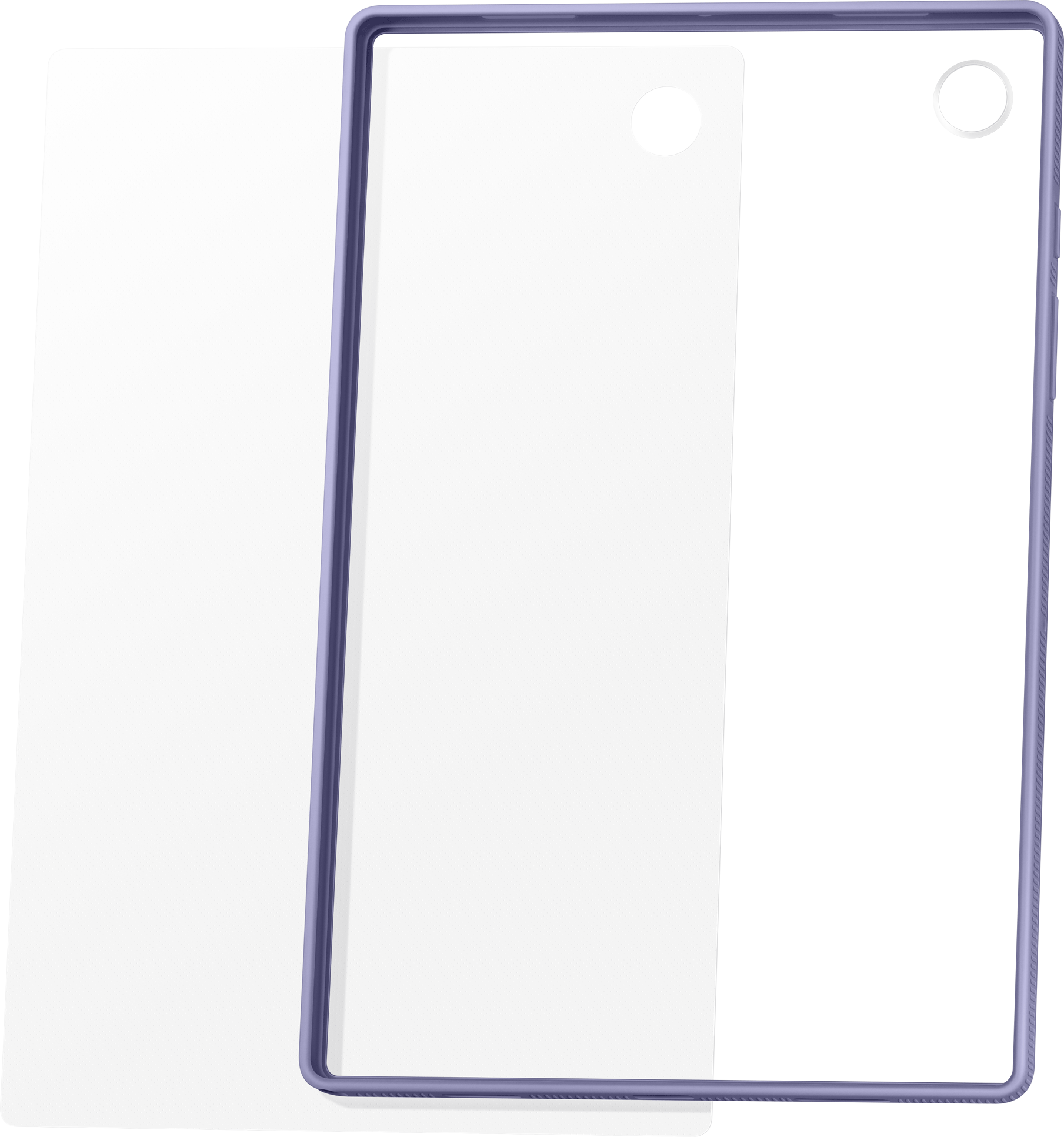 Protector de pantalla transparente con borde azul, orificios para cámara y altavoz.