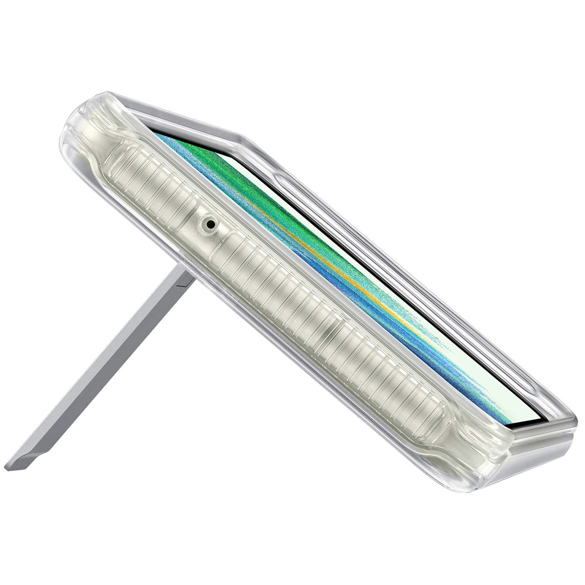 Una custodia trasparente per telefono con cavalletto integrato, che mostra un telefono con sfondo colorato.