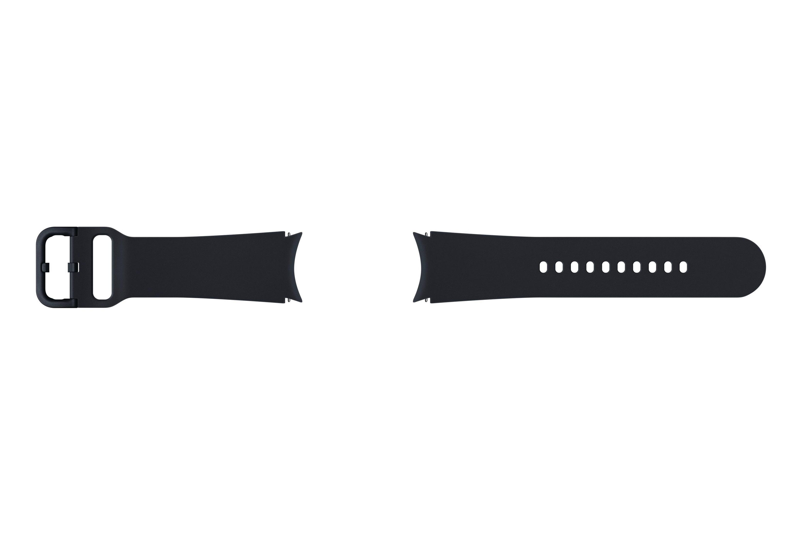 Czarny pasek do smartwatcha. Dwa elementy, jeden z klamrą, drugi z otworami.