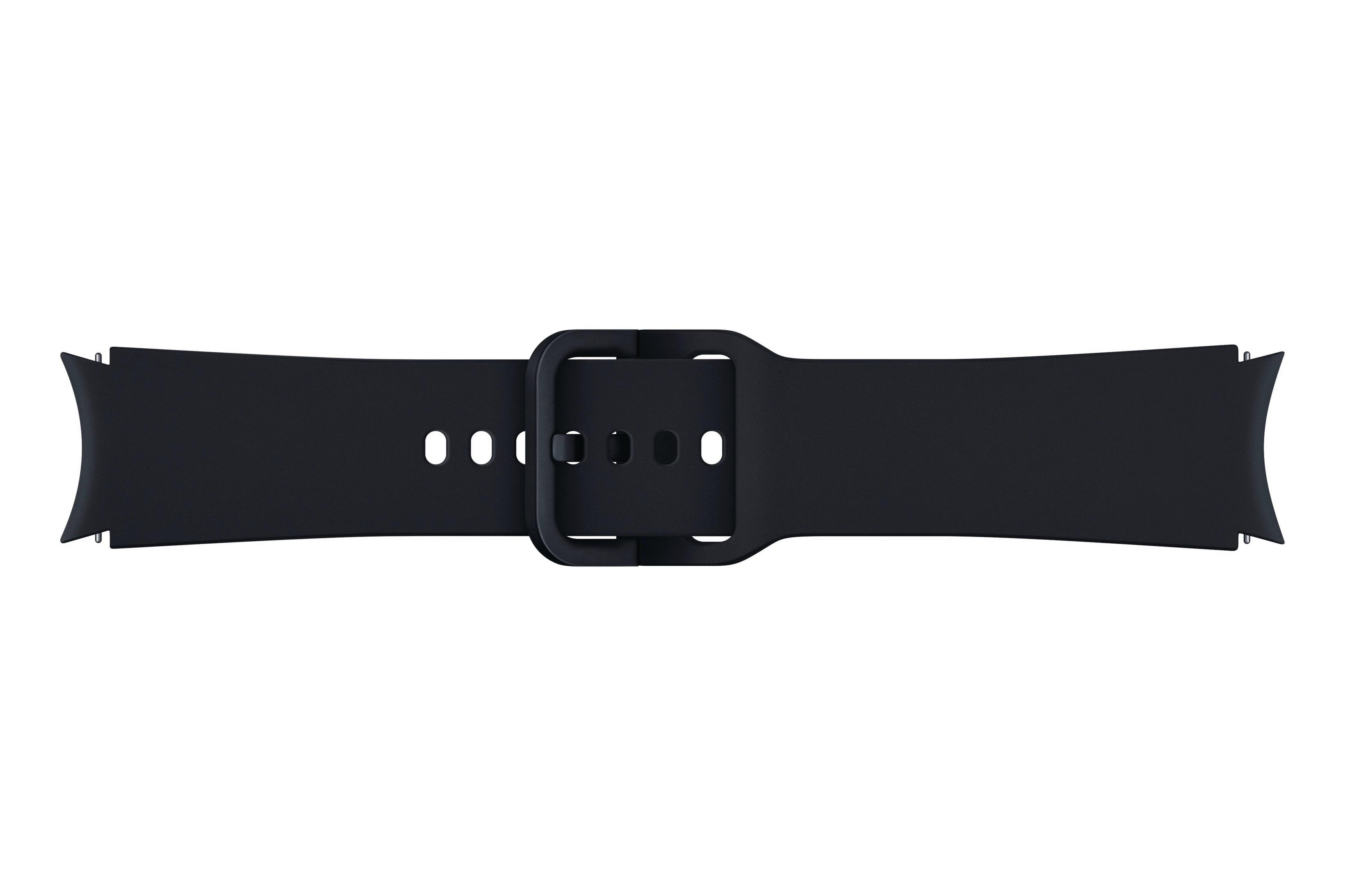 Czarny pasek do smartwatcha z klamrą. Zakrzywiona konstrukcja, trzy otwory do regulacji.