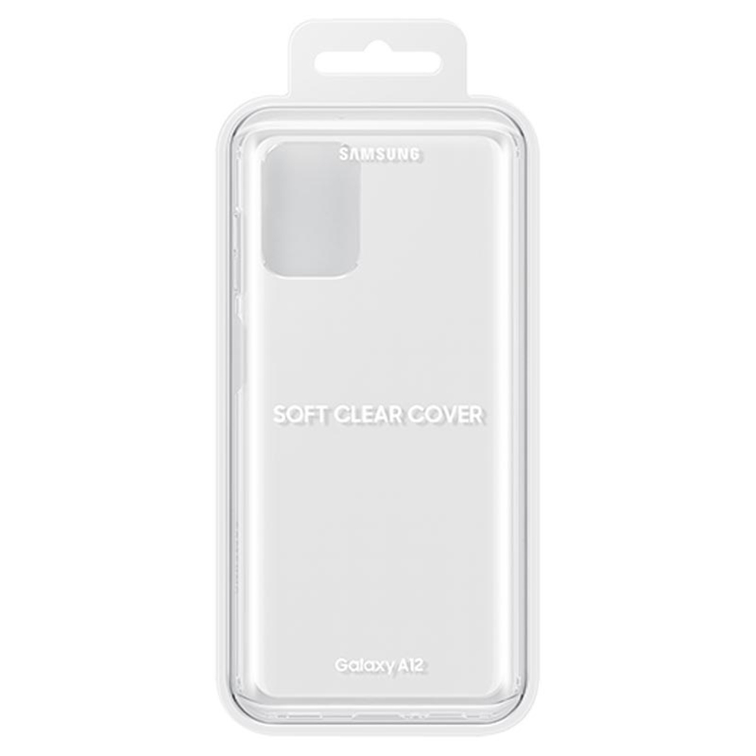 Une coque de téléphone transparente dans une boîte. La coque porte le mot SAMSUNG.