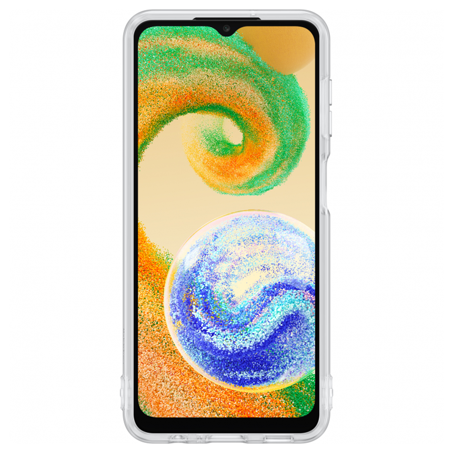 Smartphone mit klarer Hülle, zeigt abstrakte grüne, orange und blaue Kunst auf dem Bildschirm.
