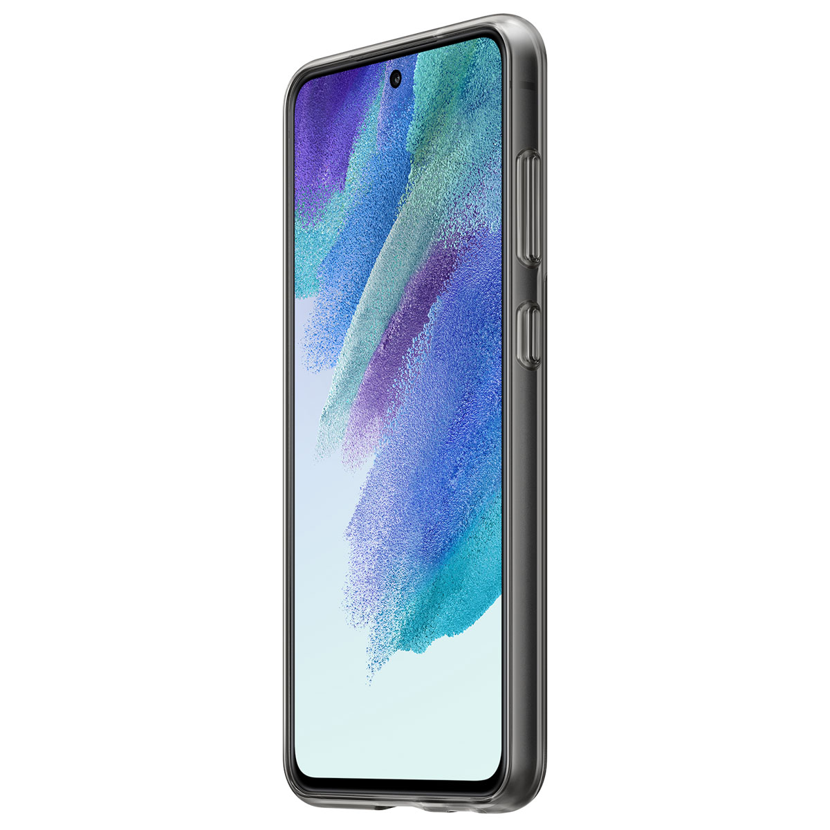 Uno smartphone con custodia, che mostra uno schermo colorato, con sfondo bianco.