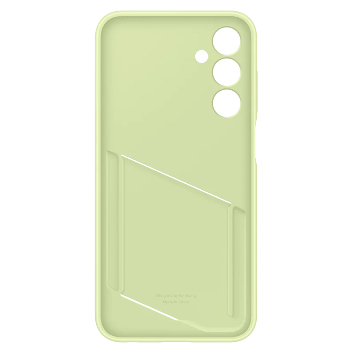 Une coque de téléphone vert clair avec une poche pour cartes. Le logo Samsung est visible.