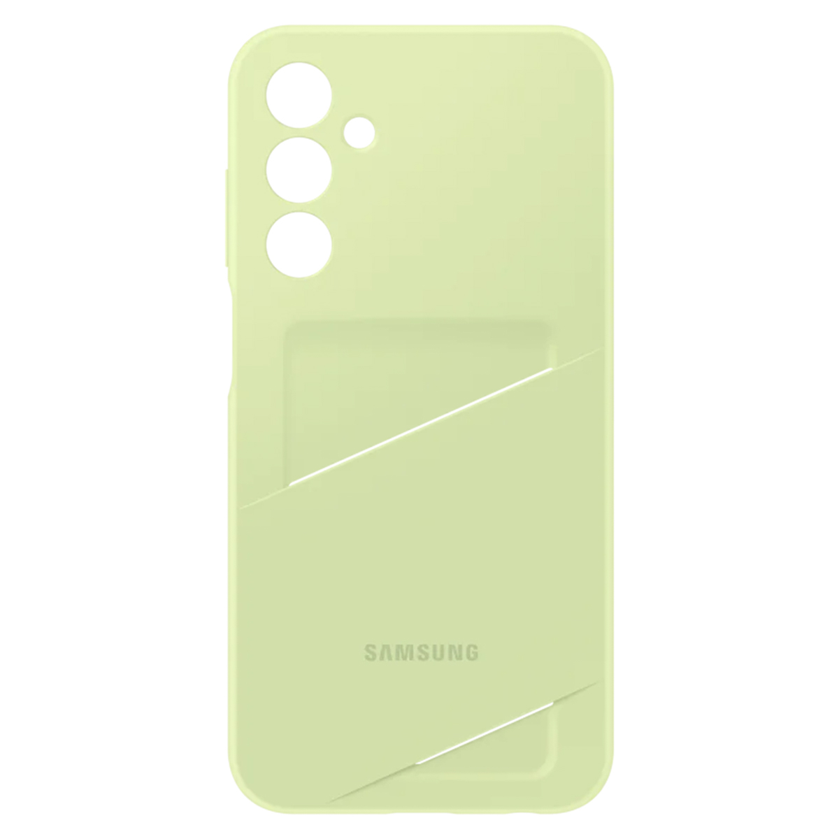 Une coque de téléphone vert clair avec une poche pour cartes. Le logo Samsung est sur la coque.