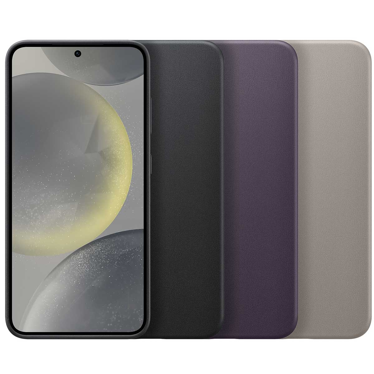 Trzy etui na telefon w kolorze czarnym, fioletowym i szarym na białym tle. Widoczny jest telefon.