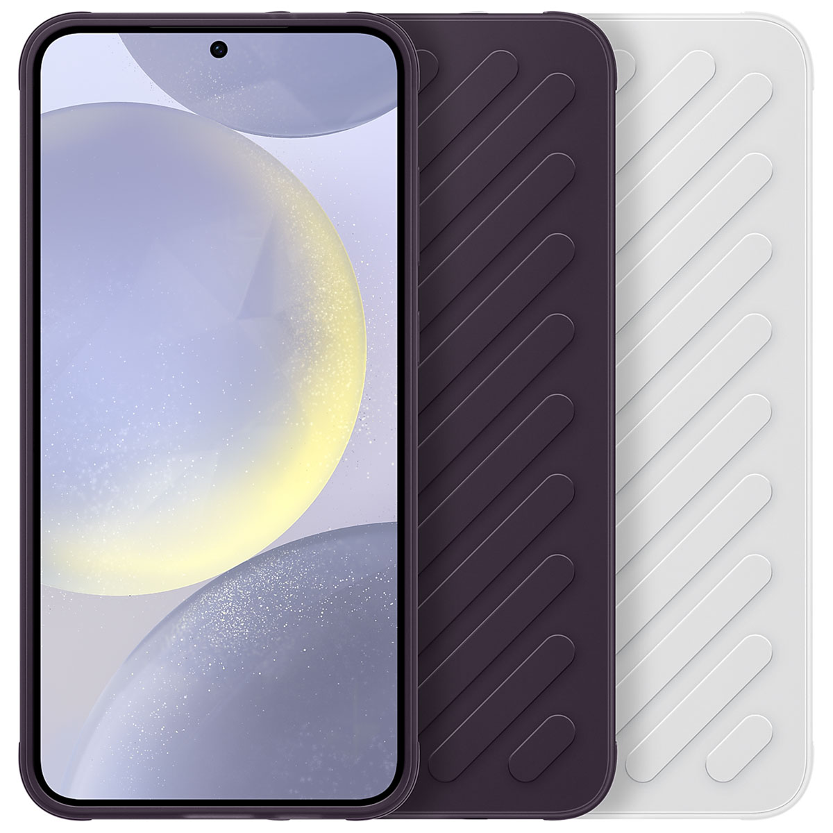 Dos fundas de teléfono, una morada con diseño acanalado, una blanca. Los teléfonos están en las fundas.