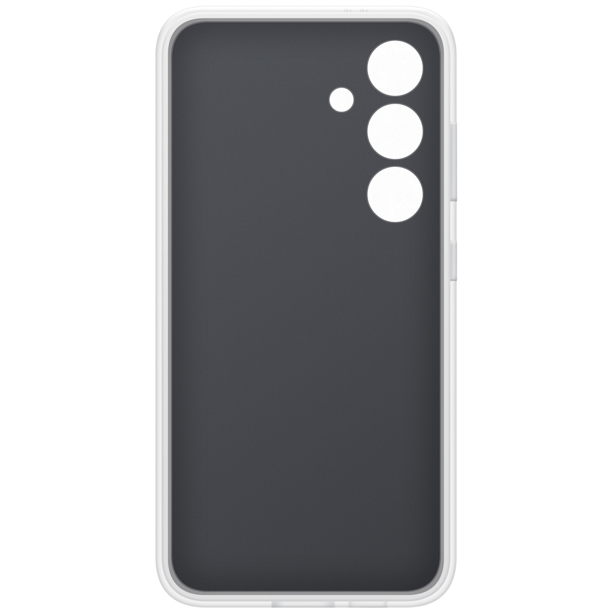 Coque arrière de téléphone. Intérieur gris avec bord blanc et trois découpes pour caméra.