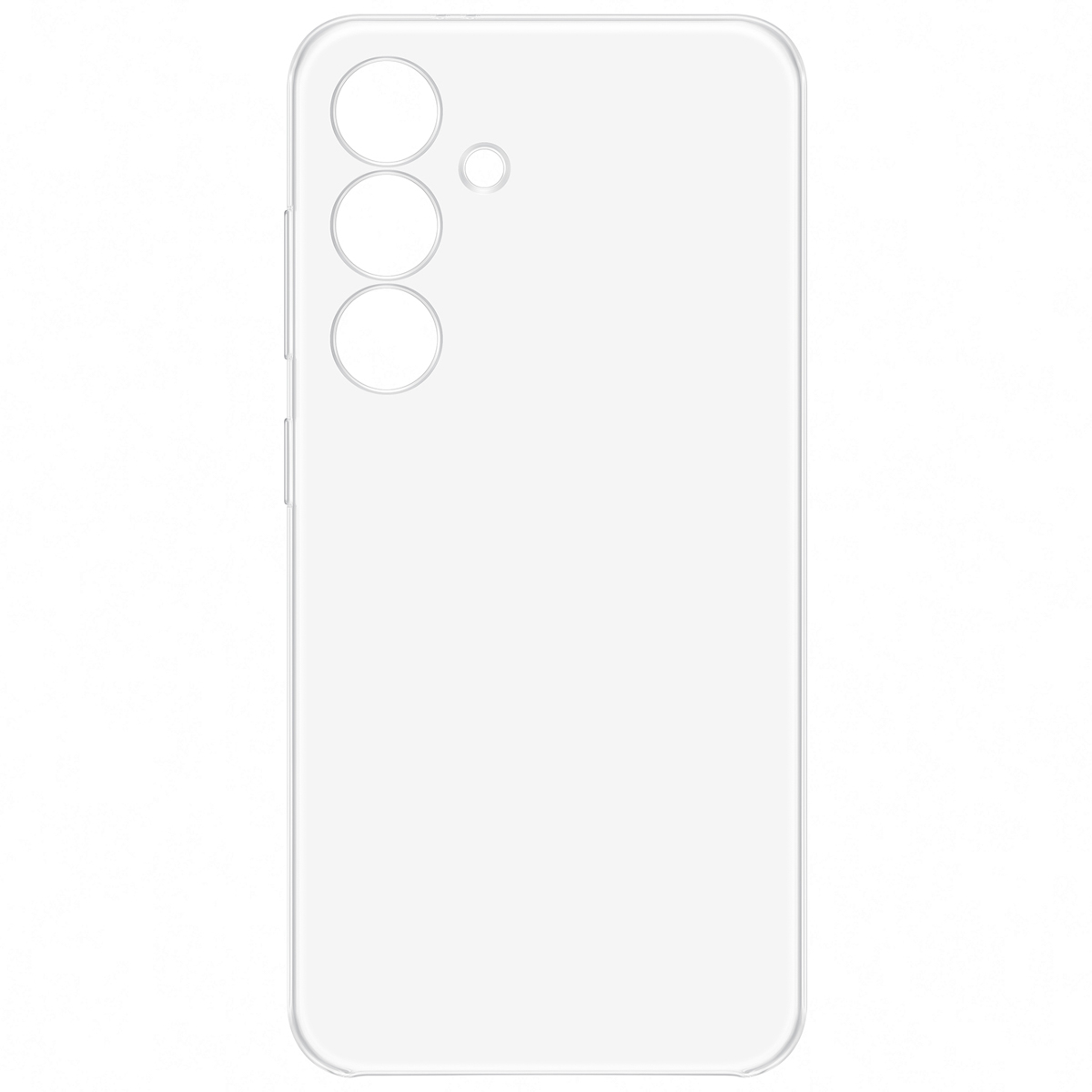 Zarys przezroczystego etui na telefon. Trzy otwory na aparat, przyciski zasilania i duży prostokąt na ekran.