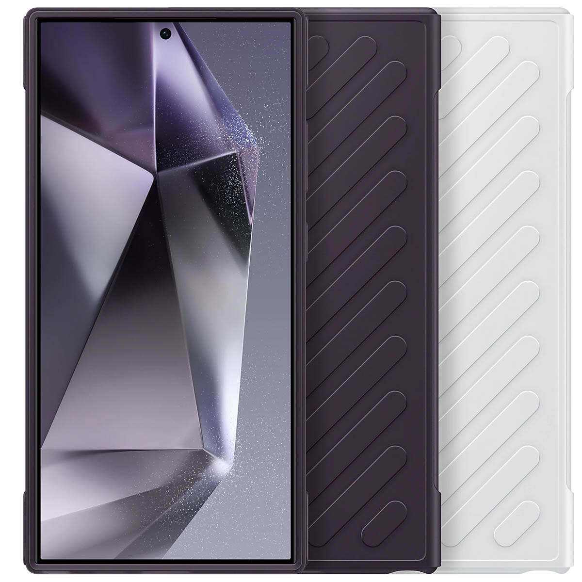 Een telefoonhoesje met een telefoon erin. De hoes is donkerpaars, wit en zwart.
