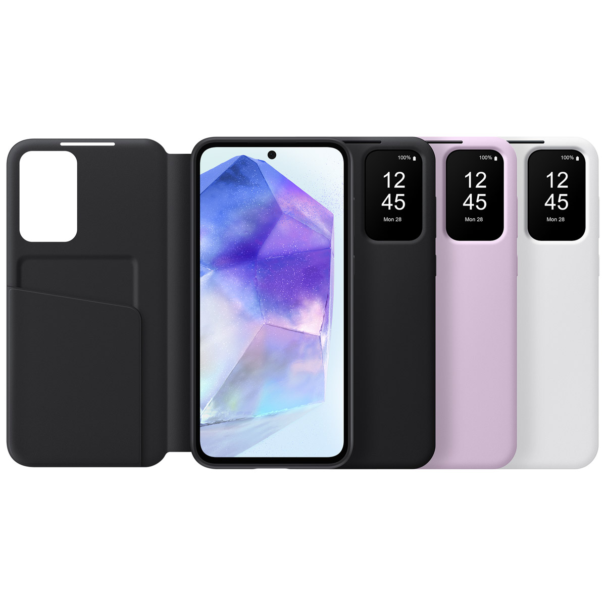 Ein Smartphone in einer Hülle. Es gibt 3 Hüllen, schwarz, rosa und weiß. Das Telefon zeigt die Uhrzeit.