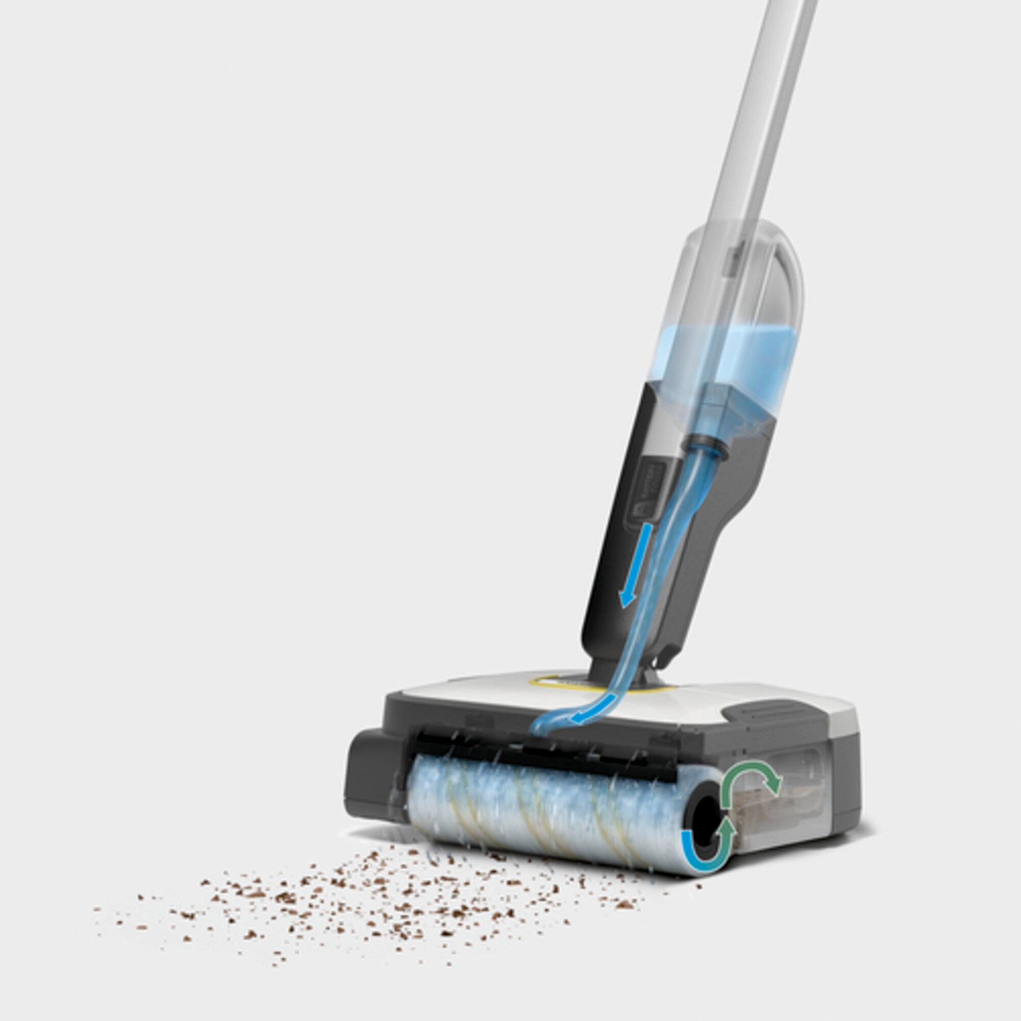 Un pulitore per pavimenti con un serbatoio dell'acqua e una spazzola. L'acqua scorre attraverso la spazzola, pulendo il pavimento.