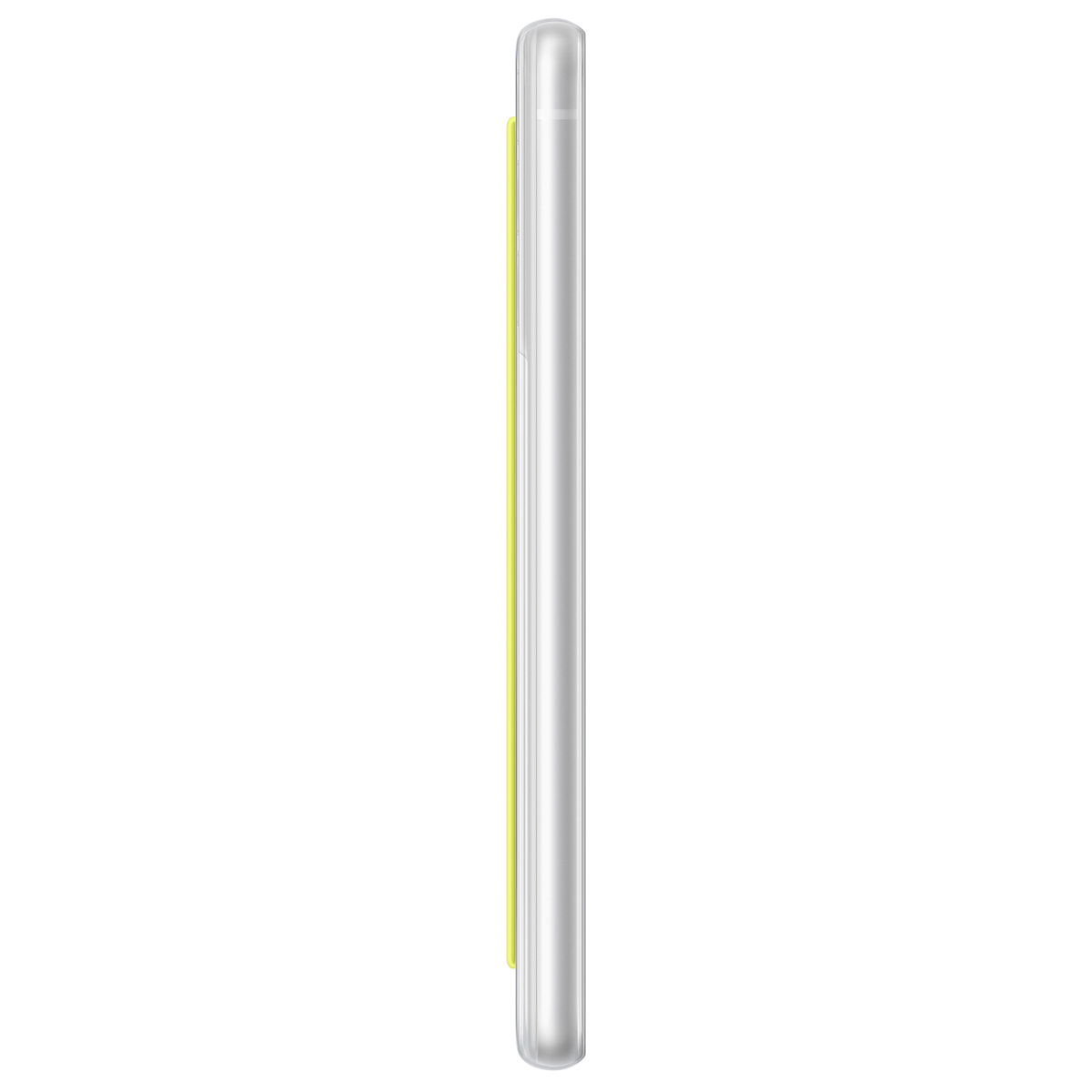 Uno smartphone sottile, verde chiaro, con bordo argentato, visto di lato.