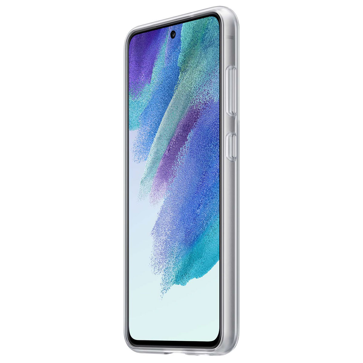 Uno smartphone con una custodia trasparente. Il telefono ha uno schermo ed è su sfondo bianco.