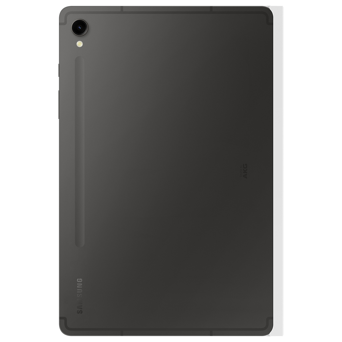 Parte trasera de una tableta Samsung, gris oscuro, con lápiz óptico y logo AKG.