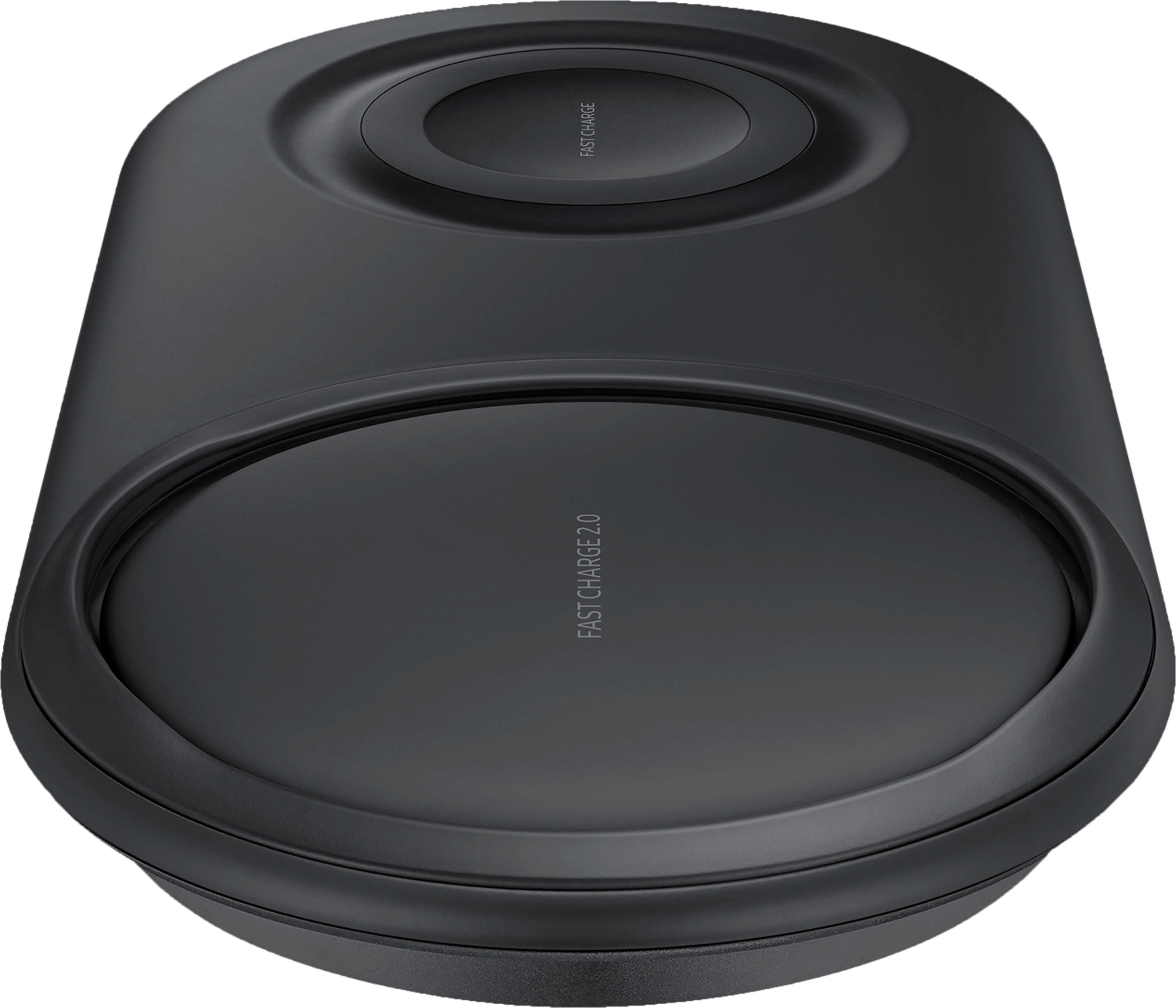 Ein schwarzes kabelloses Ladegerät wird gezeigt. Es ist oval und hat einen vertieften Ladebereich. Die Worte 'Fast Charge' sind sichtbar.