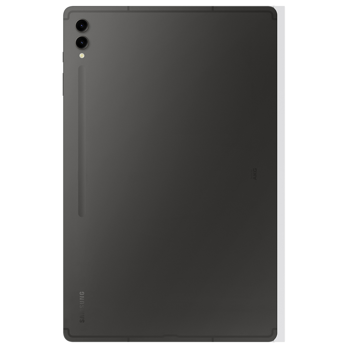 Tablet Samsung grigio scuro, vista posteriore, con doppia fotocamera e logo AKG.