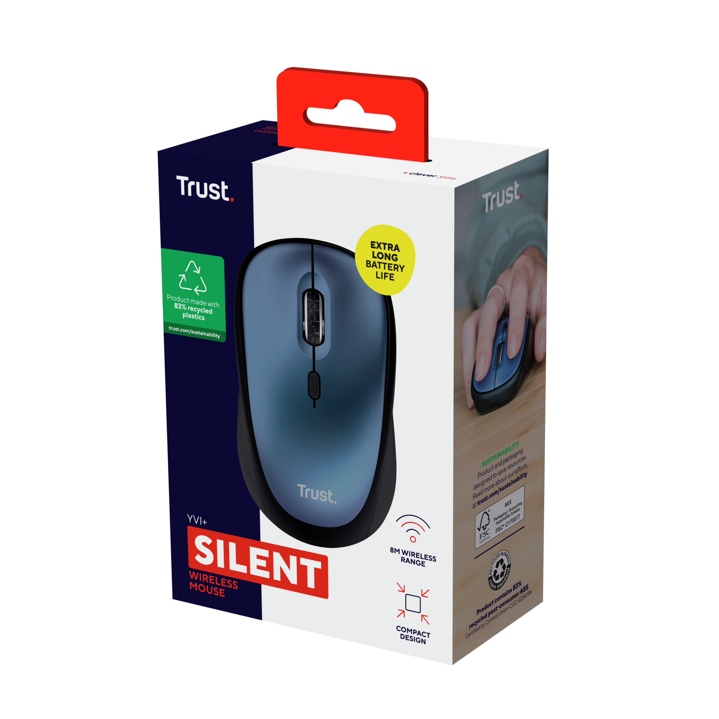 Pudełko z niebieską myszą bezprzewodową. Pudełko ma tekst i zdjęcie myszy na białym tle.