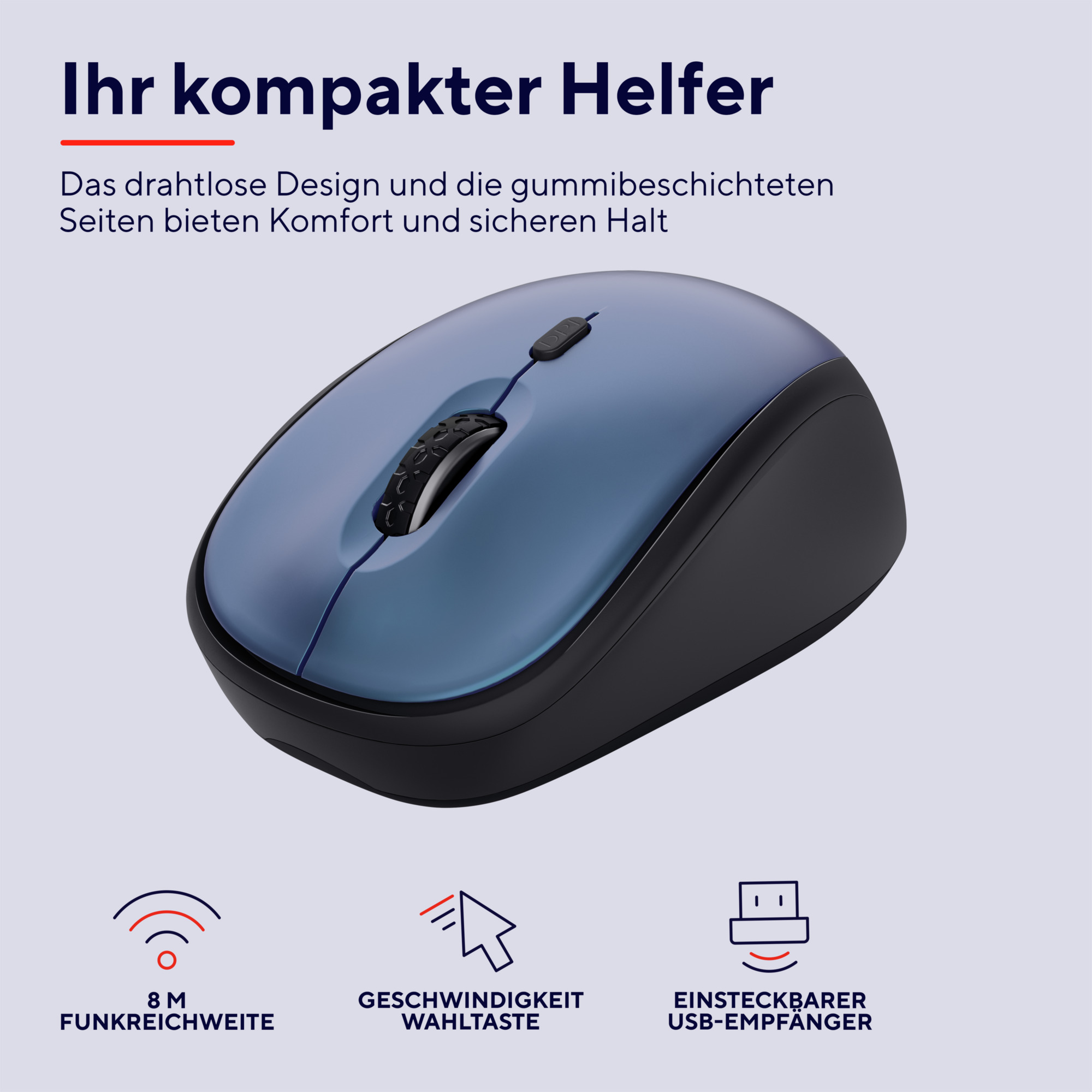 Niebiesko-czarna mysz bezprzewodowa z ikonami na białym tle.