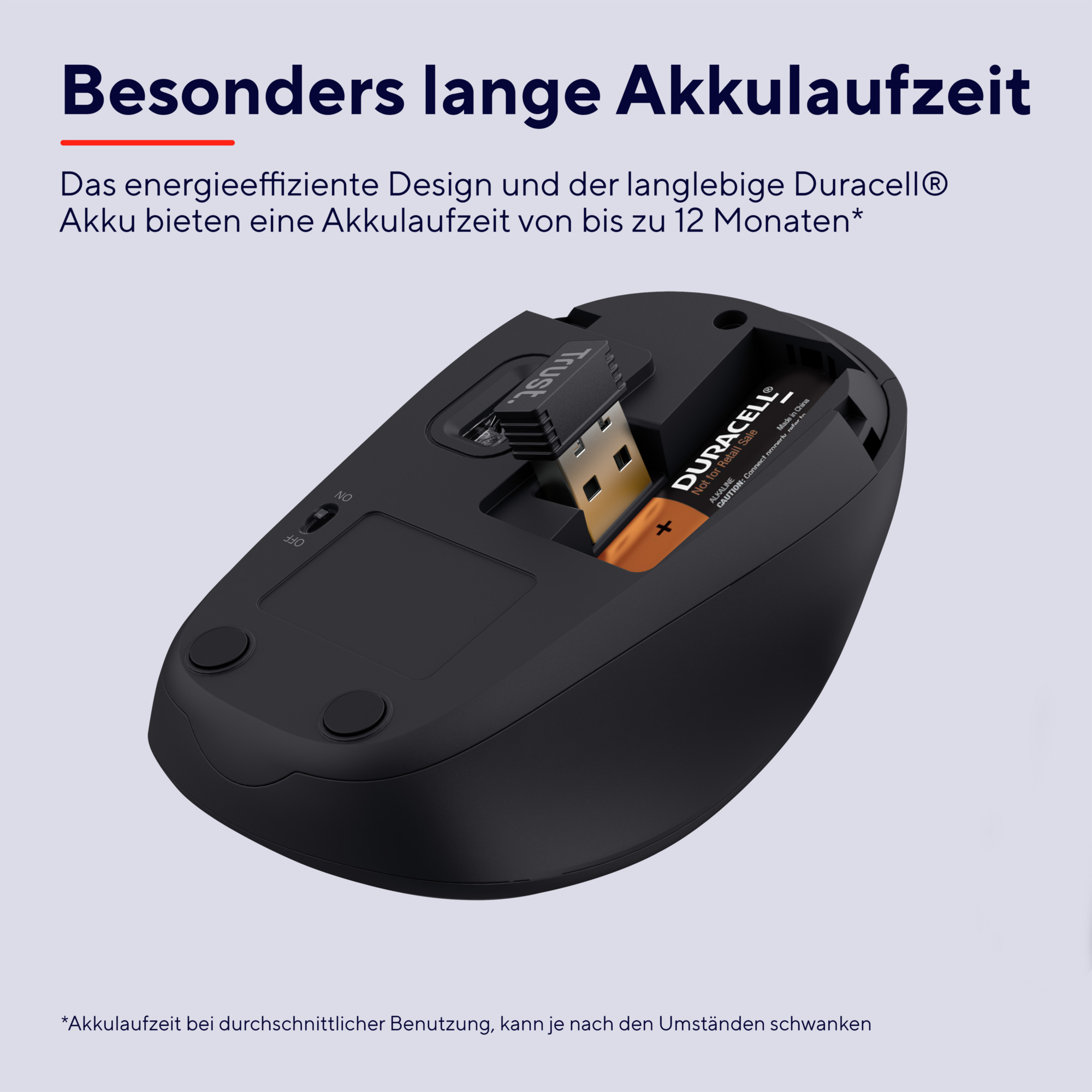 Czarna mysz z otwartym tyłem, pokazująca baterię i odbiornik USB.