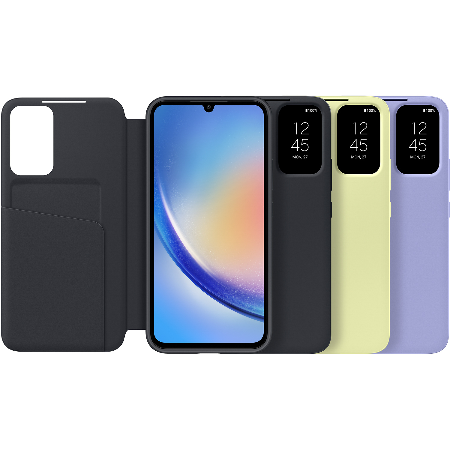 Vier telefoonhoesjes in verschillende kleuren met telefoons erin. Witte achtergrond is zichtbaar.