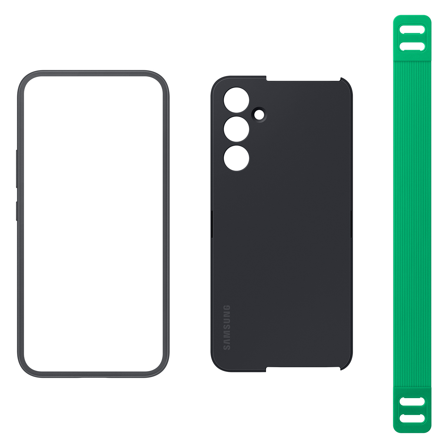 Una custodia per telefono Samsung e una cinghia verde. La custodia è nera con cornice bianca.