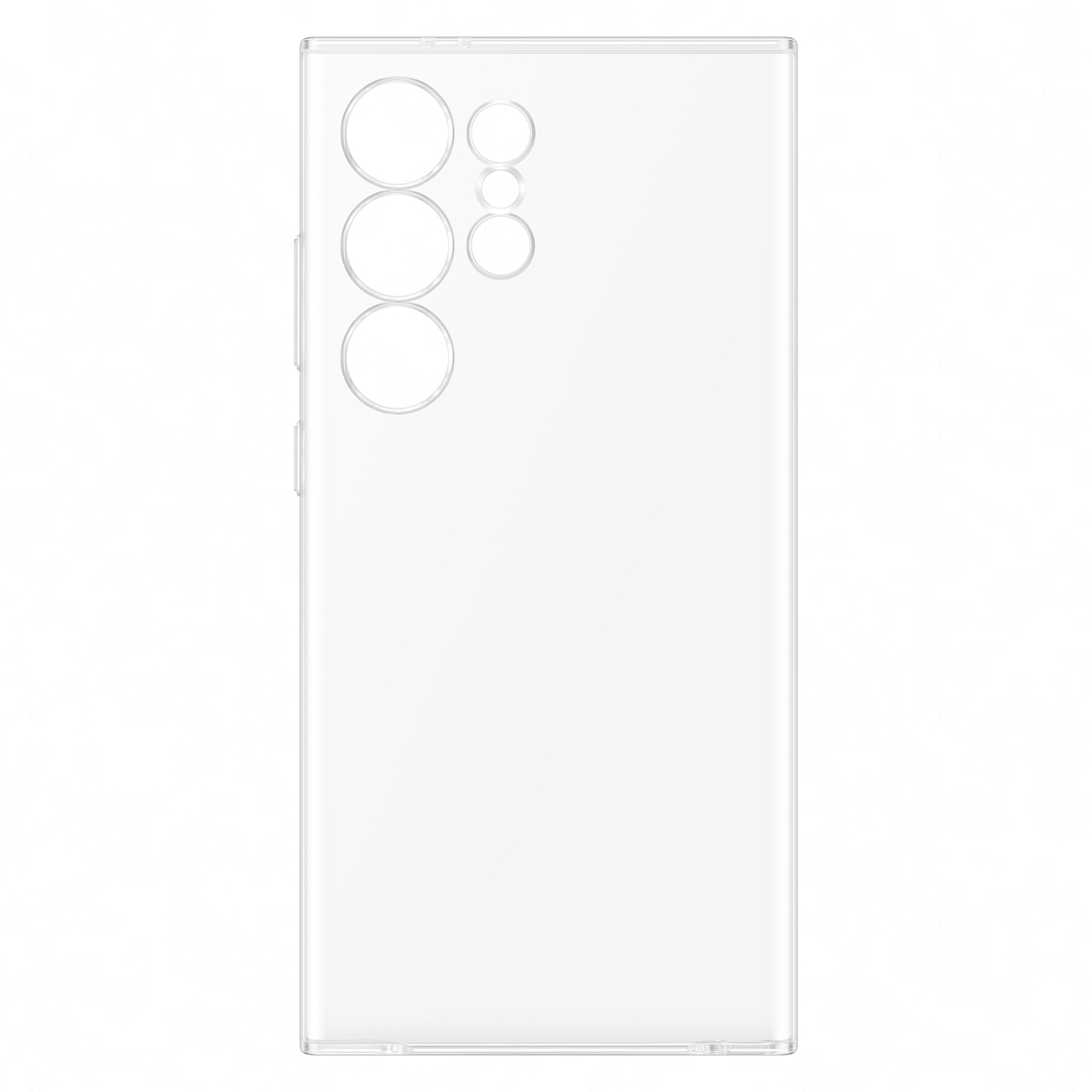 Une coque de téléphone transparente avec des découpes pour l'appareil photo, sur fond blanc.