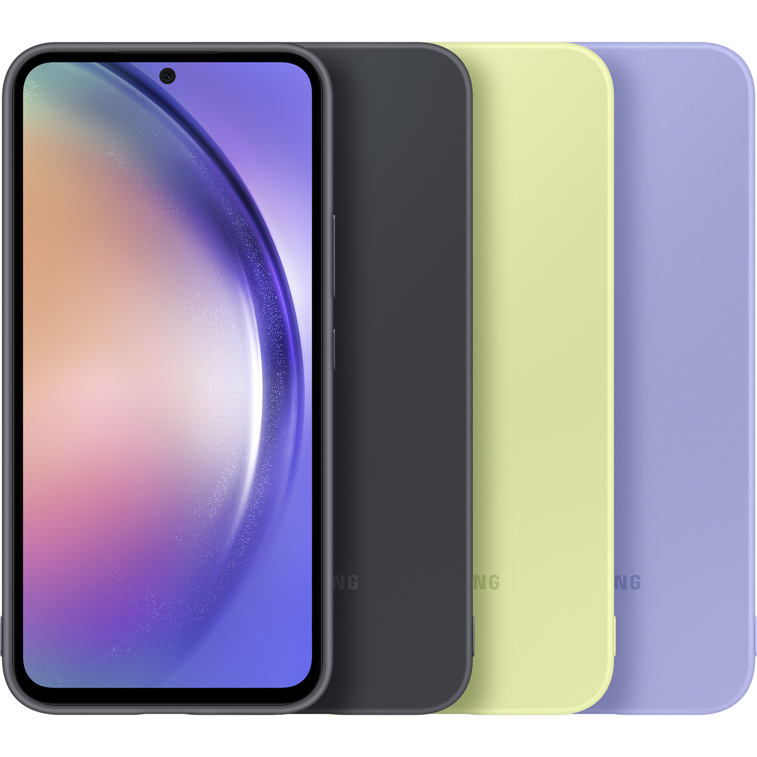 Trzy kolorowe etui na telefon obok telefonu z czarnym ekranem.