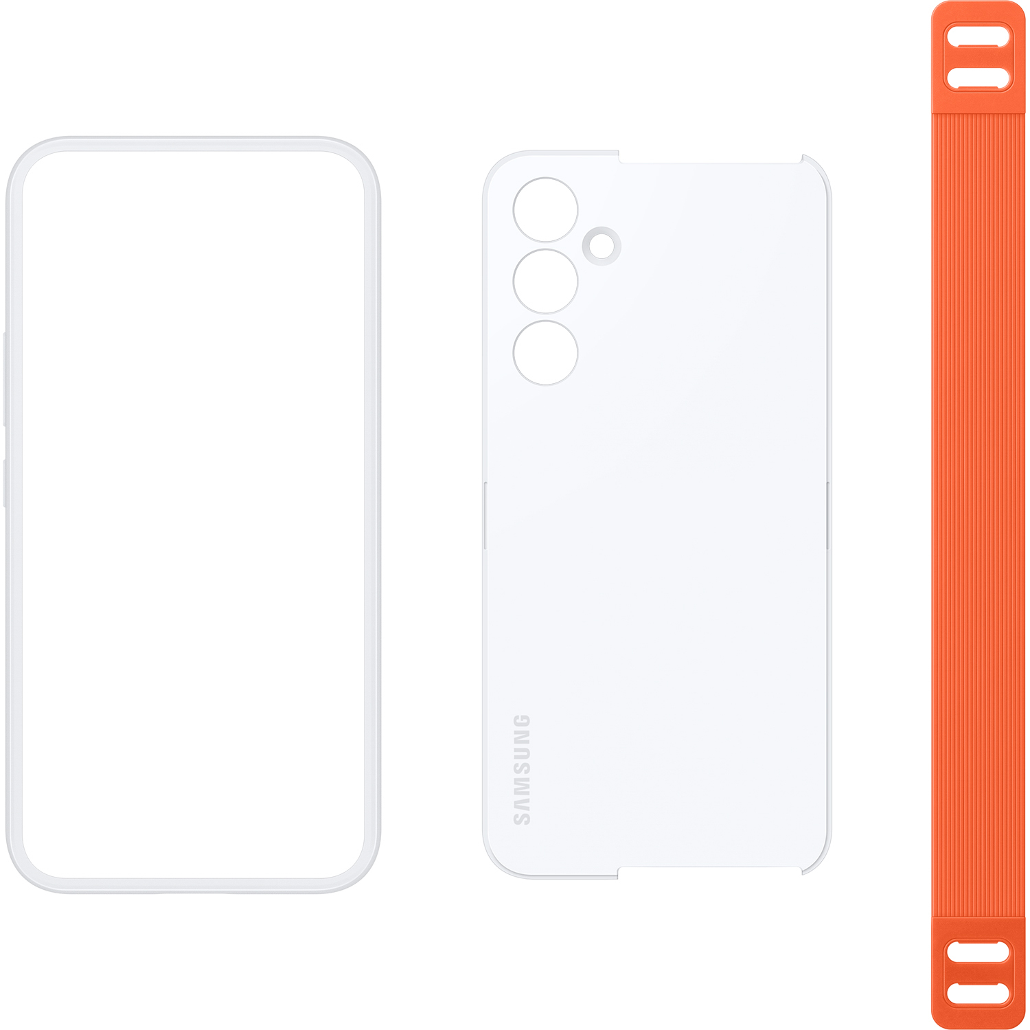 Transparante telefoonhoes, een oranje bandje en de achterkant van de telefoon. Achterkant heeft camera-uitsparingen.