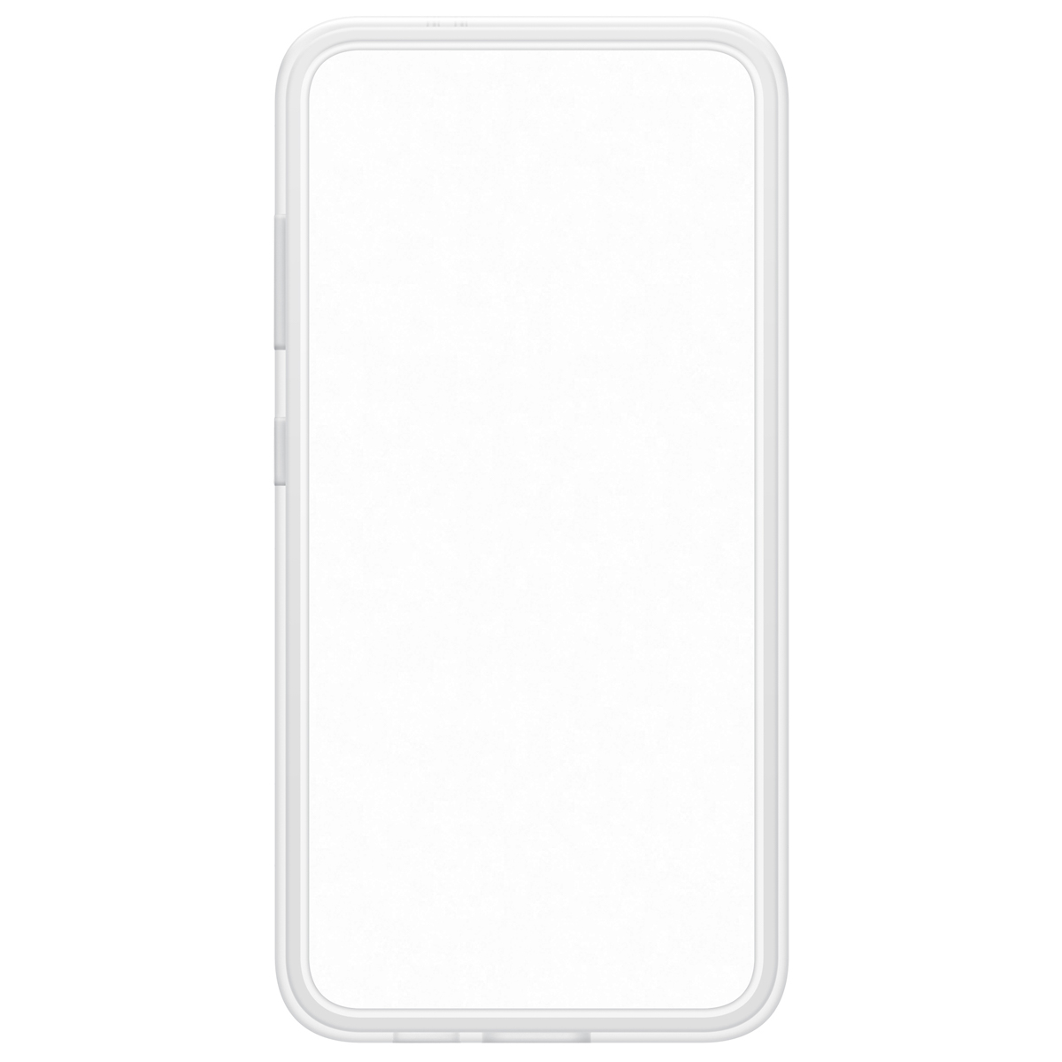 Uno smartphone bianco con schermo vuoto, visto di fronte su sfondo bianco.