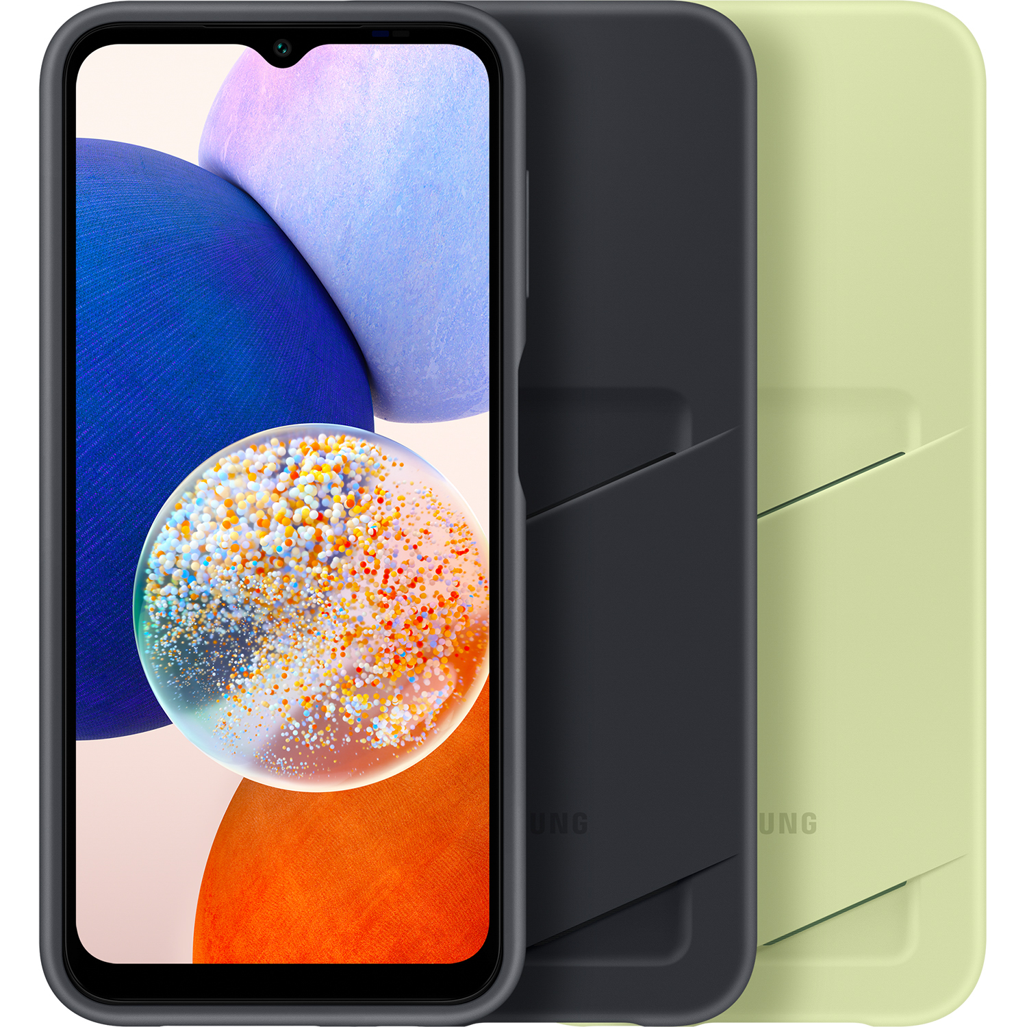 Zwei Telefone in Hüllen, eines in Dunkel- und eines in Hellgrün. Ein drittes Telefon in der Mitte.