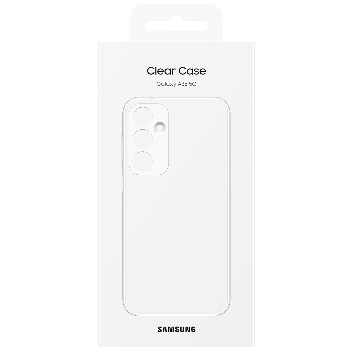 Klare Handyhüllenverpackung mit dem Samsung-Logo und den Worten "Clear Case".