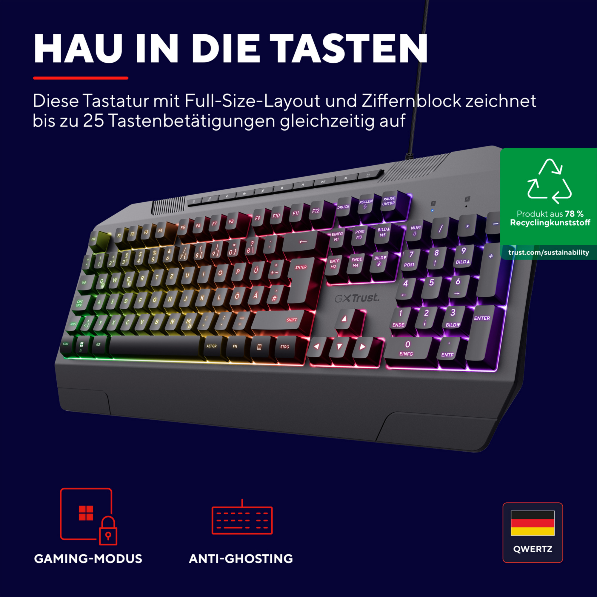 Czarna klawiatura do gier z kolorowymi klawiszami. Tekst: Hau in die Tasten, ikony, i układ QWERTZ.