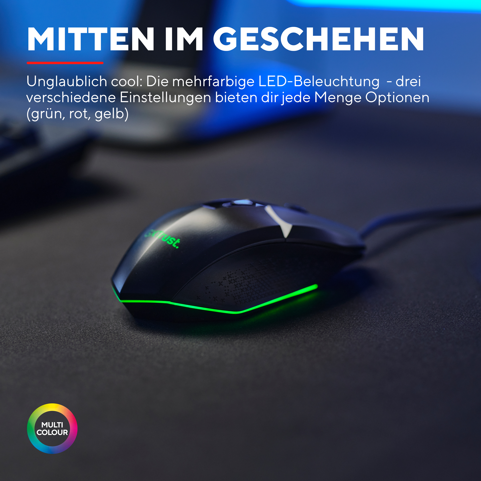 Schwarze Computermaus mit grünen LED-Leuchten. Text oben und ein mehrfarbiges Logo unten.