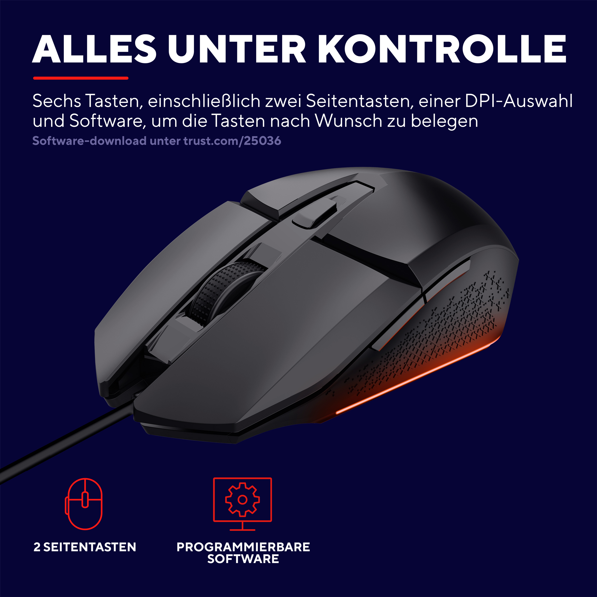 Schwarze Gaming-Maus mit roter Beleuchtung und zwei Seitentasten, mit Text über Funktionen.