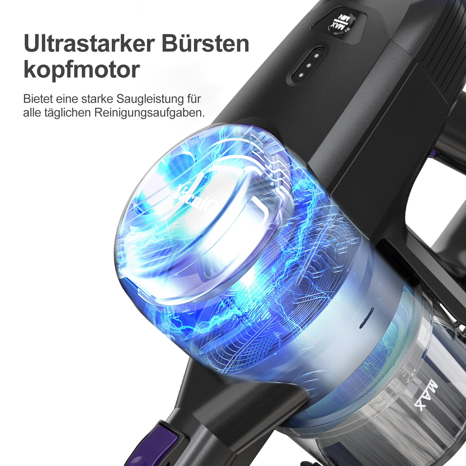 Staubsaugermotor mit blauem Energieeffekt. Text auf Deutsch.
