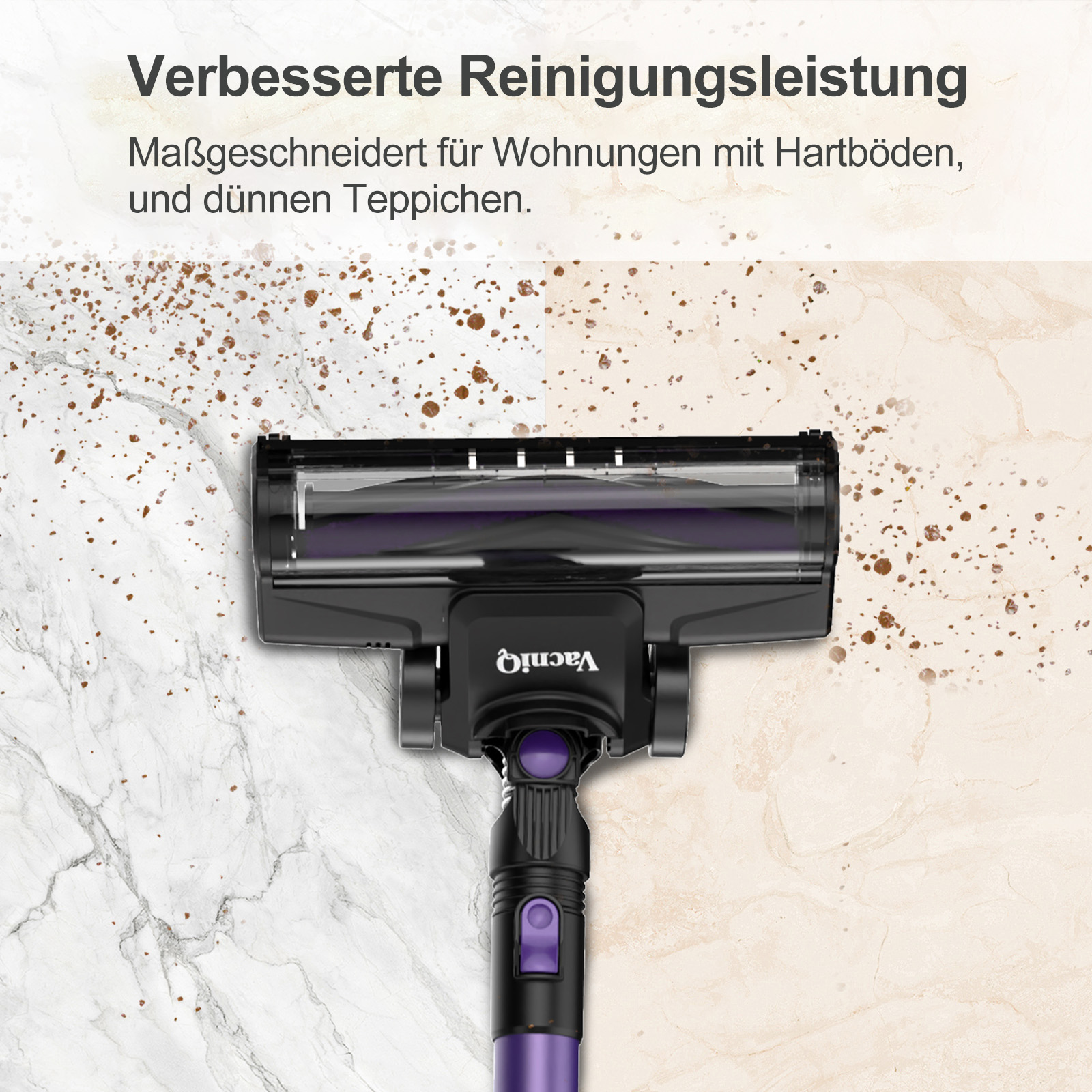Staubsaugerkopf, geteilter Hintergrund mit Marmorboden und Teppich.