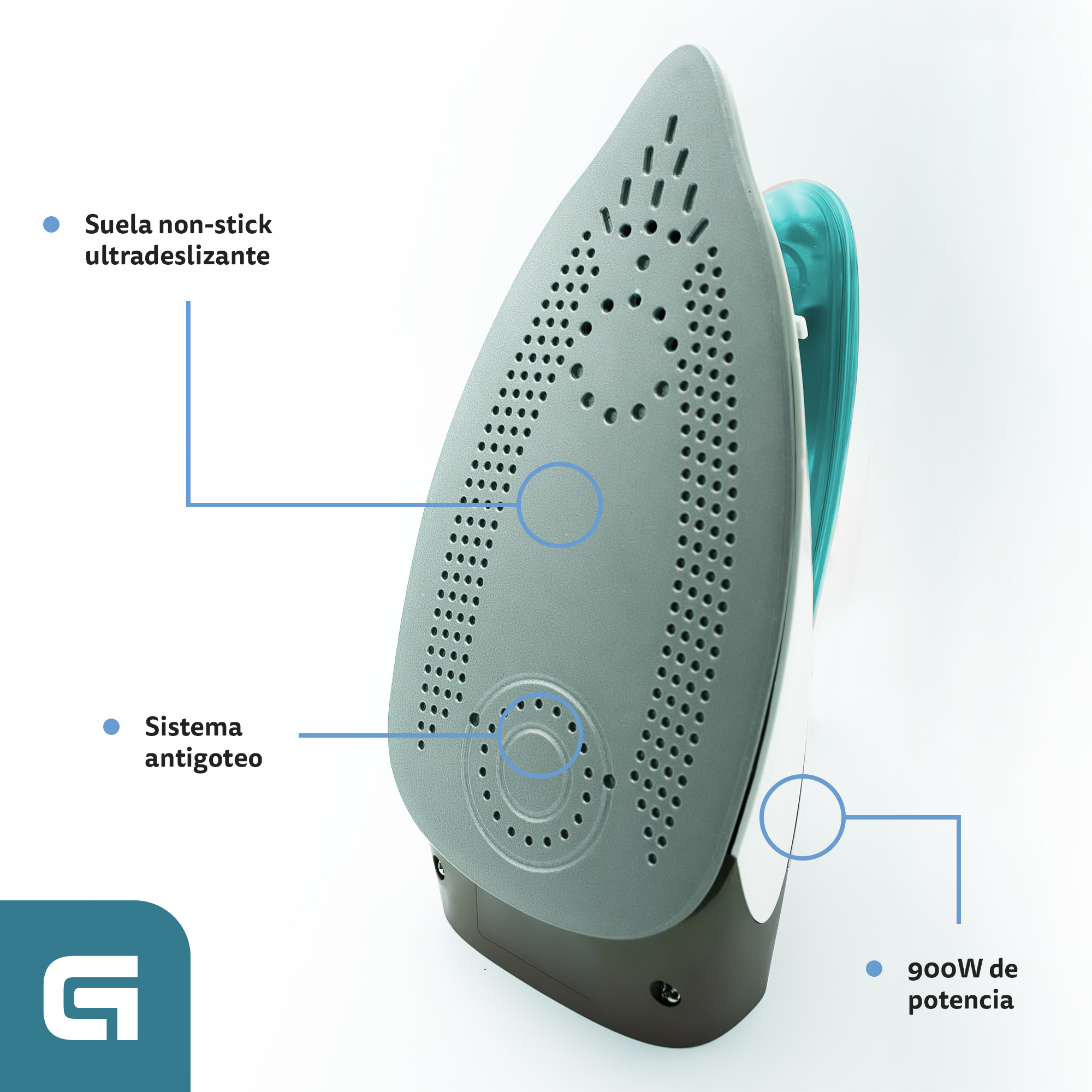 Base de plancha con características: antiadherente, antigoteo y 900W de potencia.