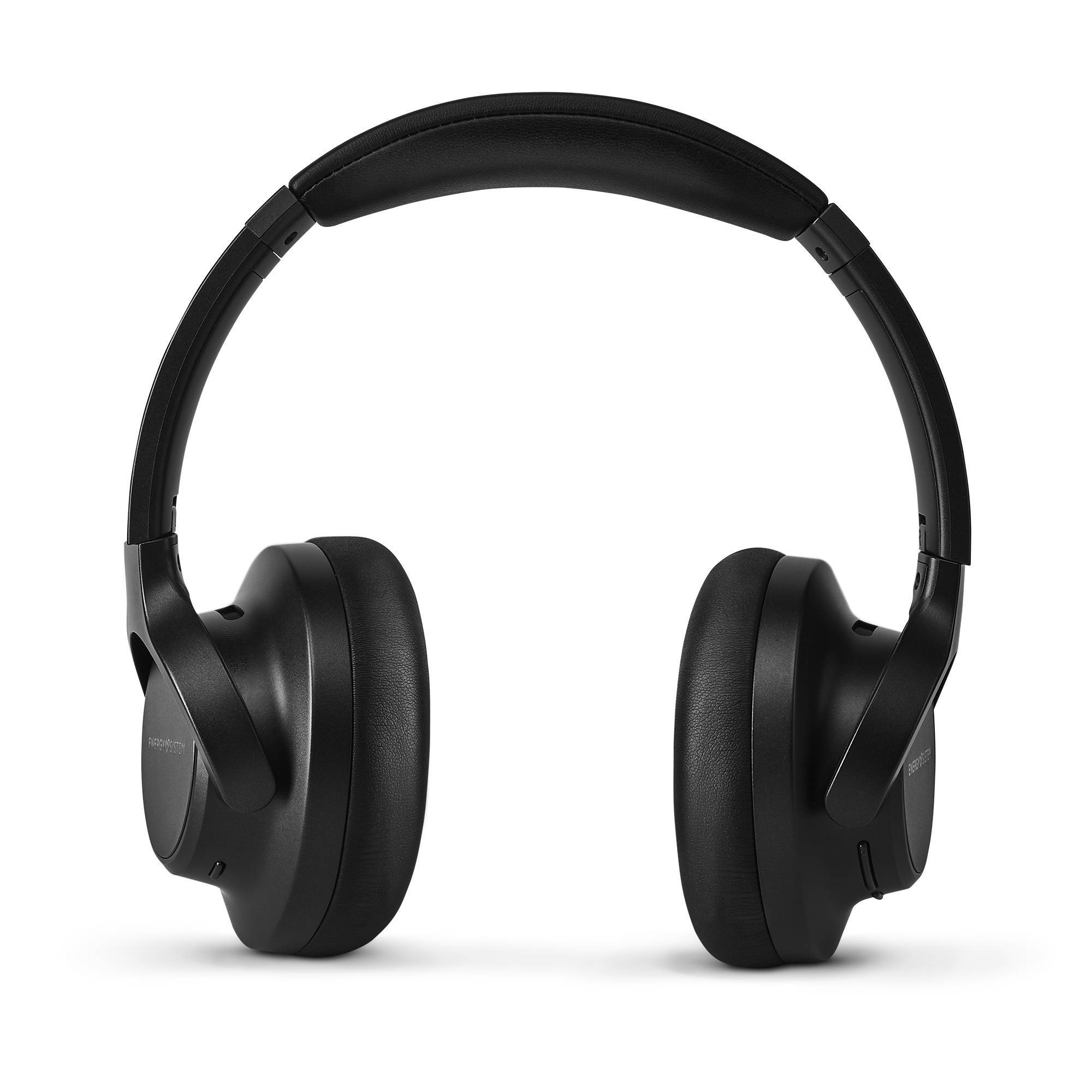 Cuffie nere over-ear su sfondo bianco.