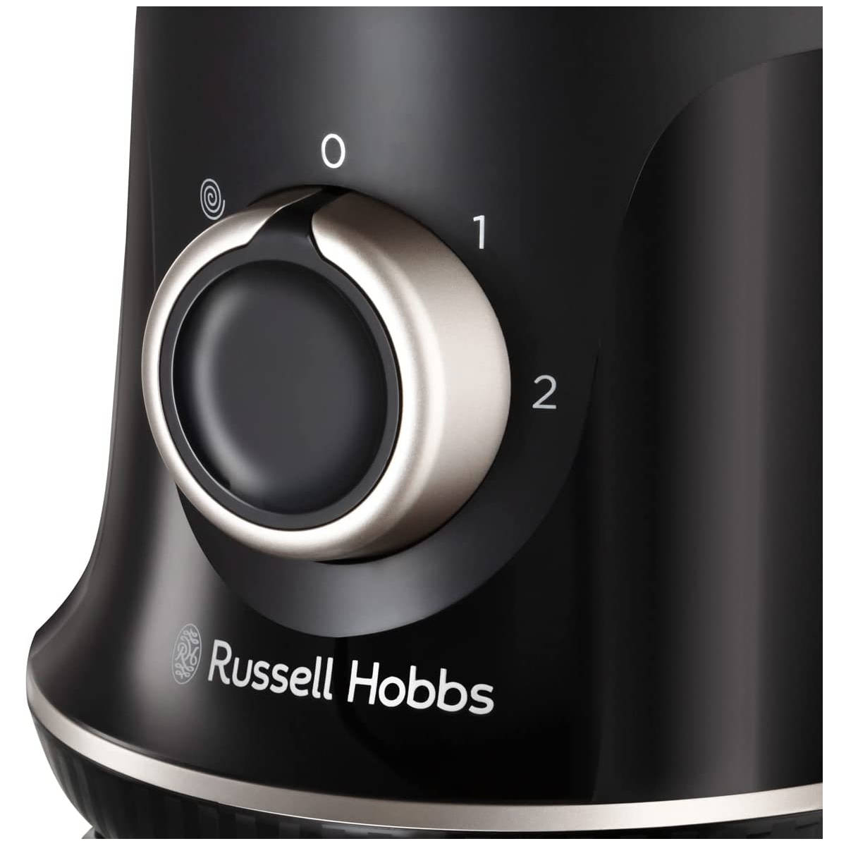 Primo piano di un frullatore nero con quadrante argentato su '0' e il marchio 'Russell Hobbs'.