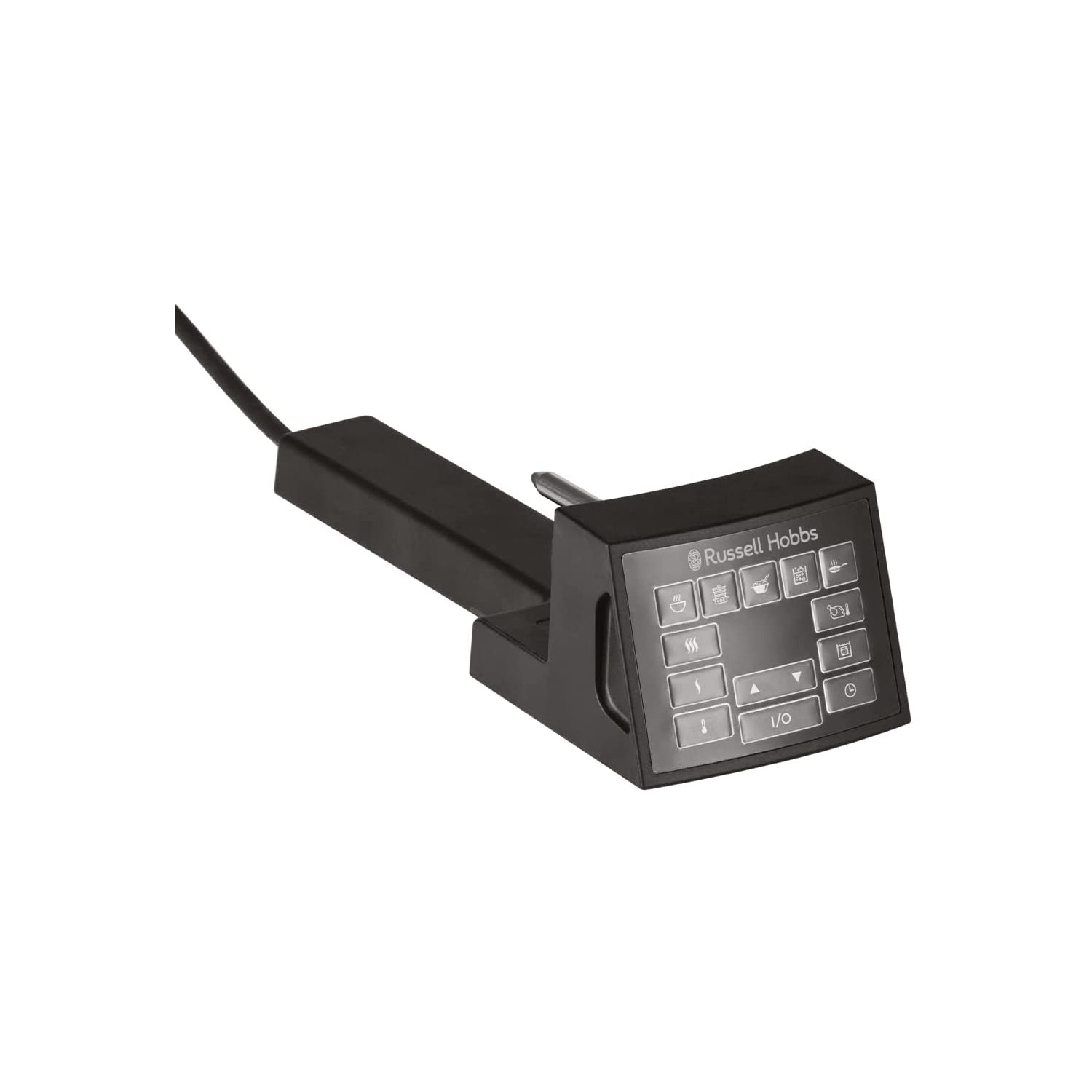 Ein schwarzes Russell Hobbs Bedienfeld mit Knöpfen, Netzkabel und schwarzem Hintergrund.