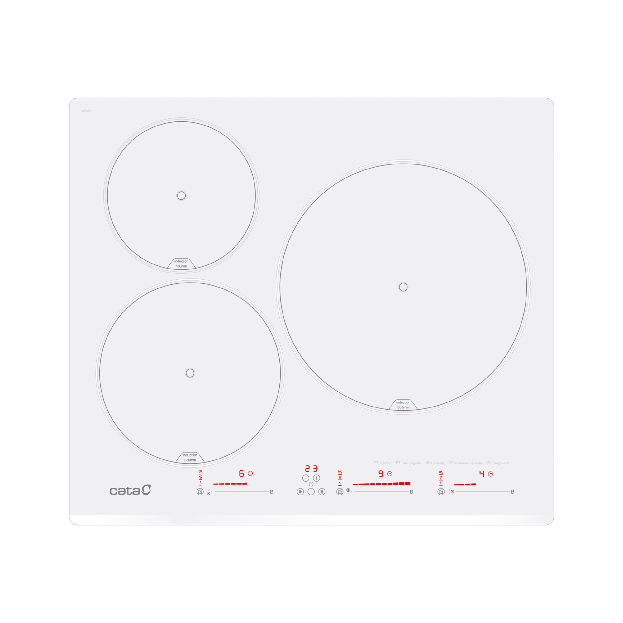 Una placa de inducción blanca con tres zonas de cocción circulares y controles digitales.