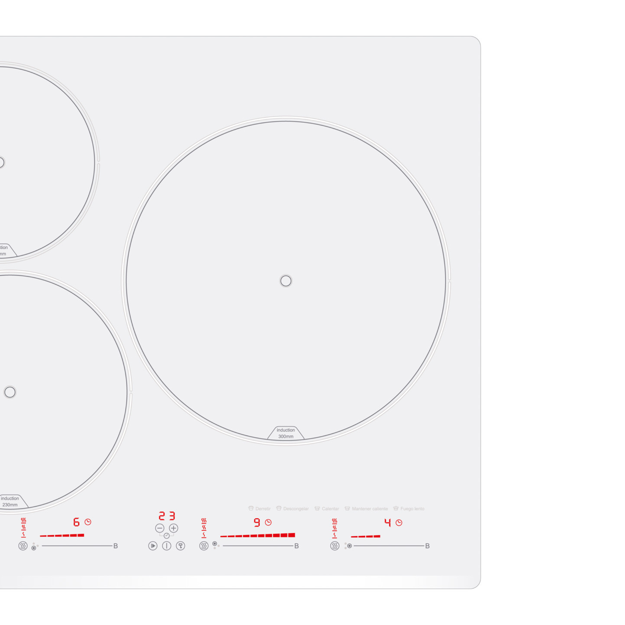 Placa de inducción blanca con tres quemadores circulares. Pantallas digitales rojas muestran los ajustes de potencia.