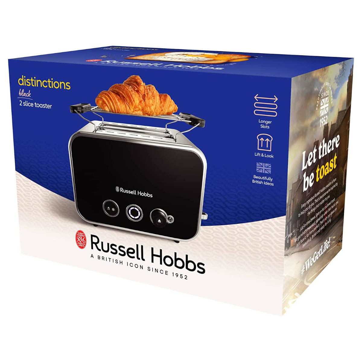 Grille-pain noir dans une boîte avec une image de croissant. Texte : Russell Hobbs, distinctions black, 2 tranches, et let there be toast.