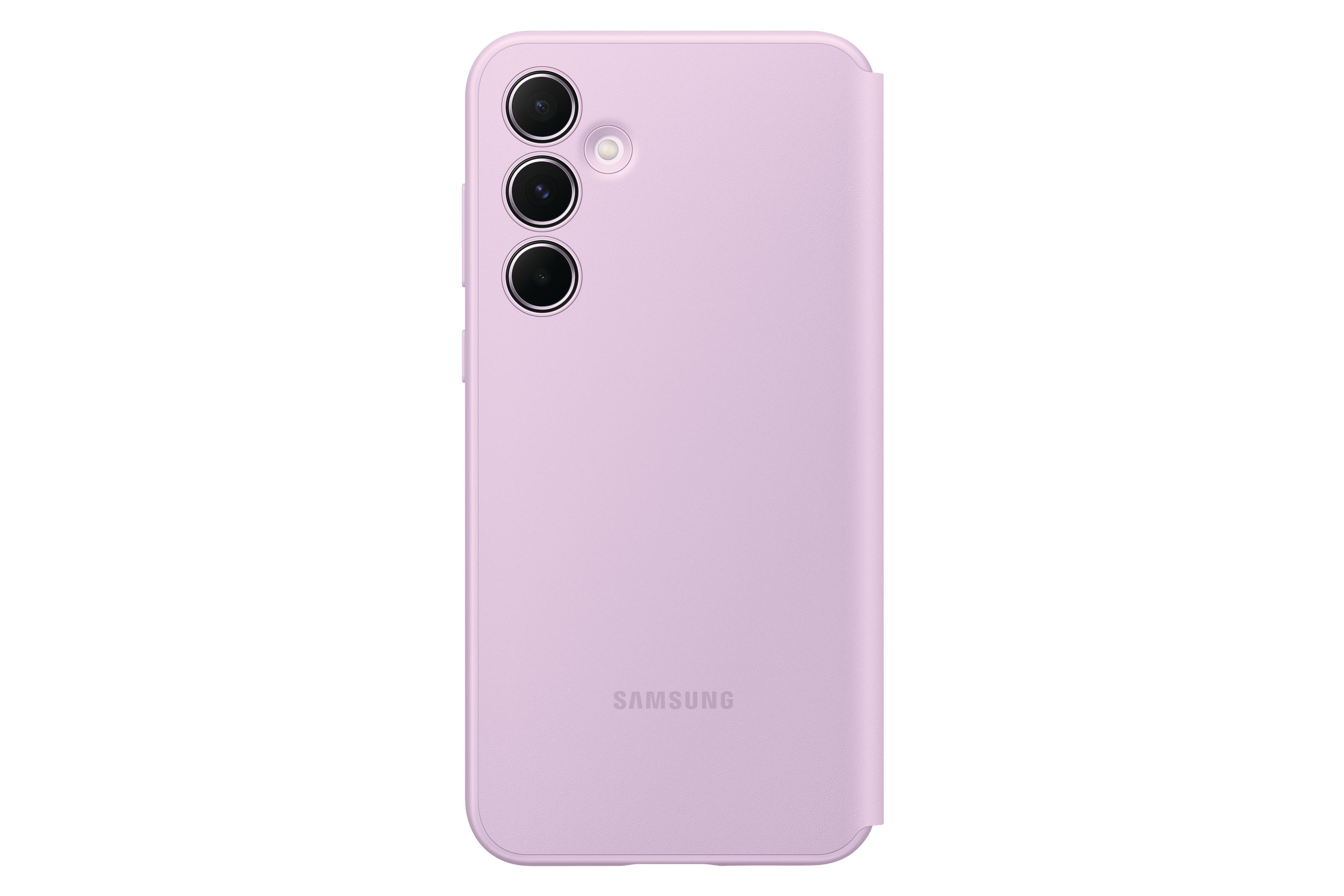 Hellviolette Handyhülle, Rückansicht, mit drei Kameralinsen und Samsung-Logo. Weißer Hintergrund.