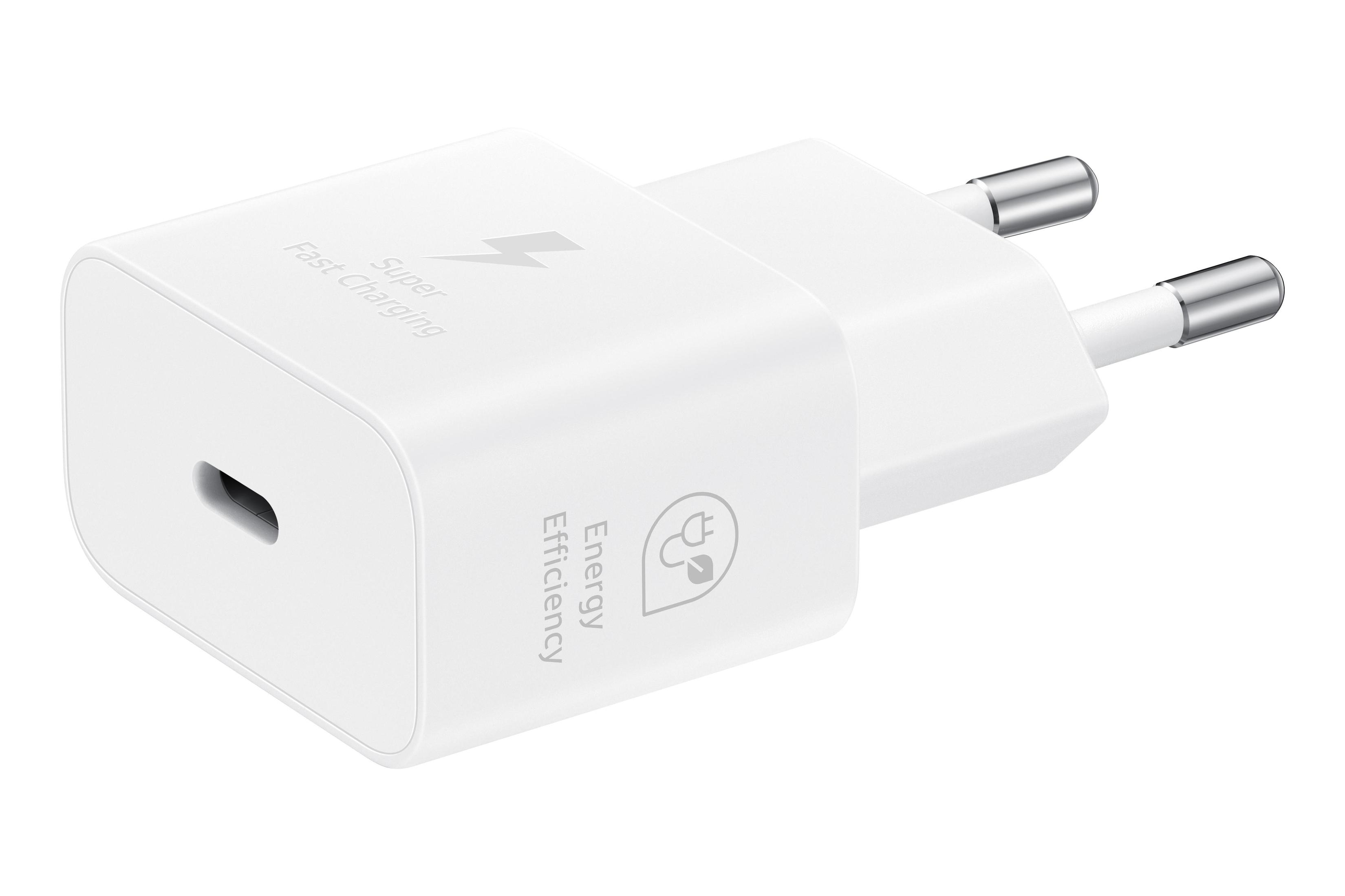 White Samsung charger with a USB-C port and energy efficiency logo.